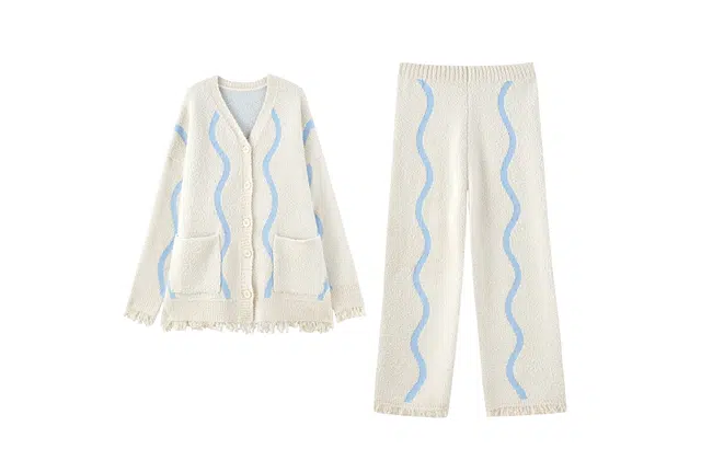 热妒 舒适柔软条纹可外穿长袖长裤睡衣套装 女款 米白色