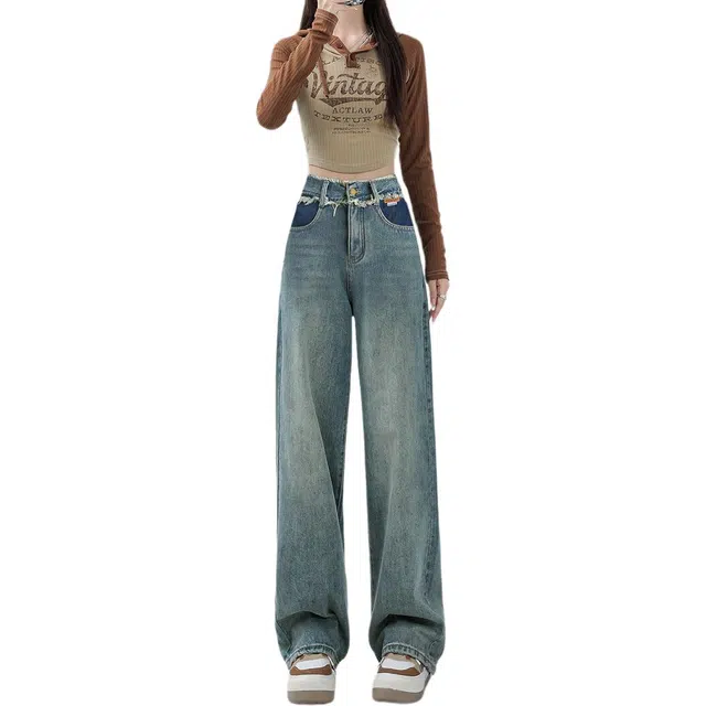 惟熙 高腰加绒加厚宽松垂感阔腿长裤牛仔裤 女款 蓝色