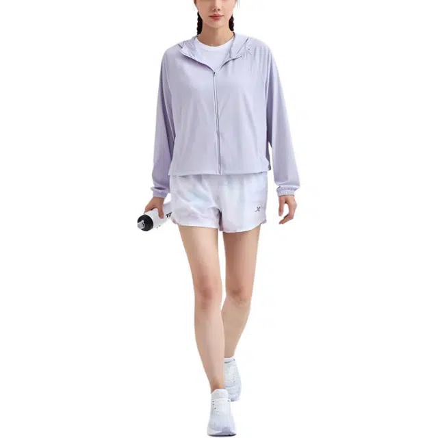 特步 综训系列 纯色连帽拉链长袖防晒服 女款 轻纱紫