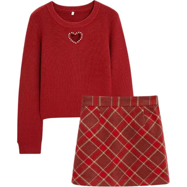 爱依服 时尚休闲纯色圆领长袖针织衫格子半身裙两件套裙装套装 女款 酒红