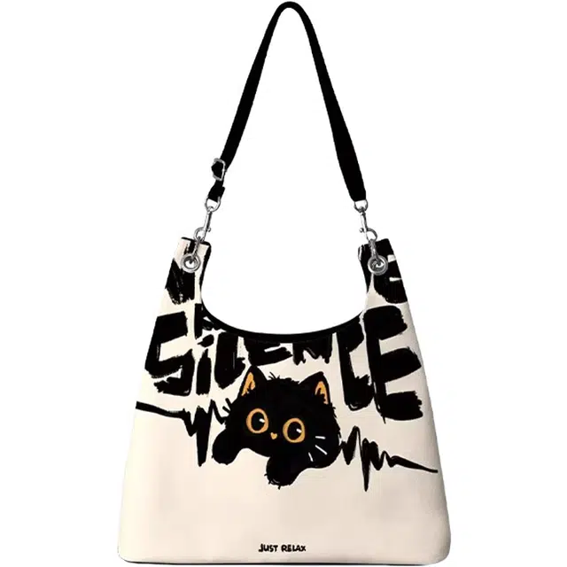 奥松 家用家居斜挎包百搭小众设计通勤高级感大容量托特包 绒面科技布 单肩包 男女同款情侣款 煤球猫黑