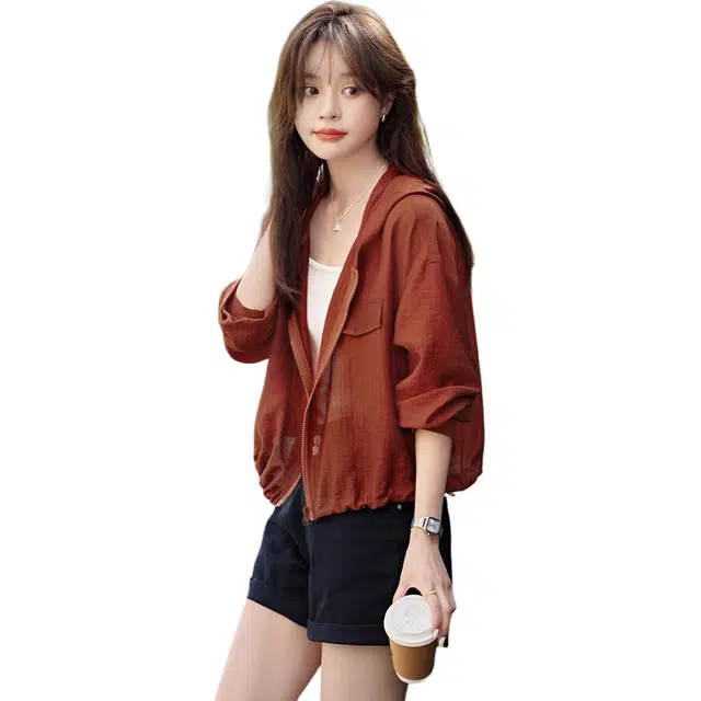 沫晗依美 纯色透气连帽宽松拉链夹克外套 女款 锈红色