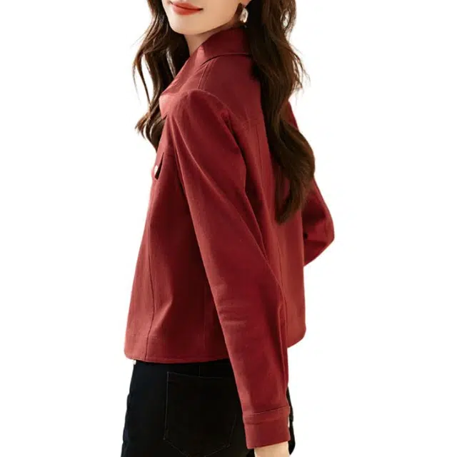沫晗依美 短款翻领纯色夹克外套 女款 红色