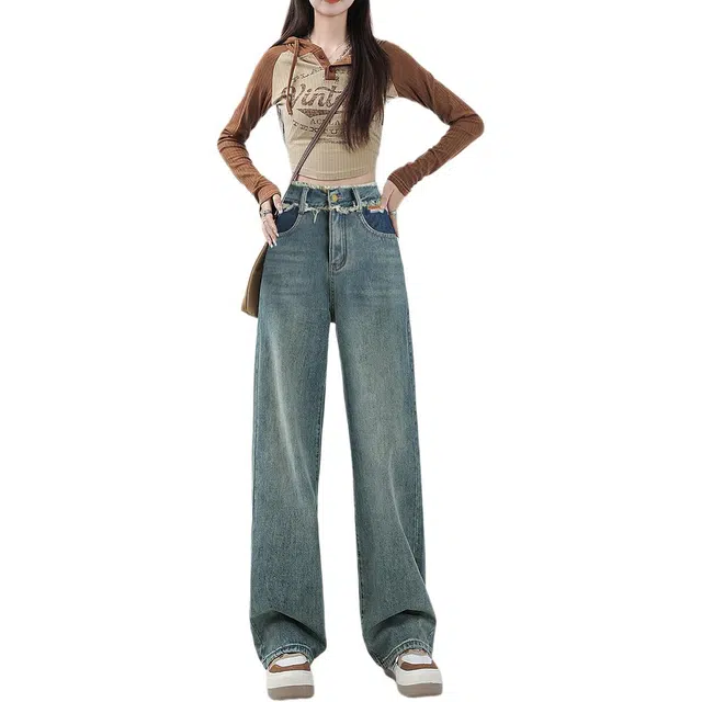 惟熙 高腰加绒加厚宽松垂感阔腿长裤牛仔裤 女款 蓝色