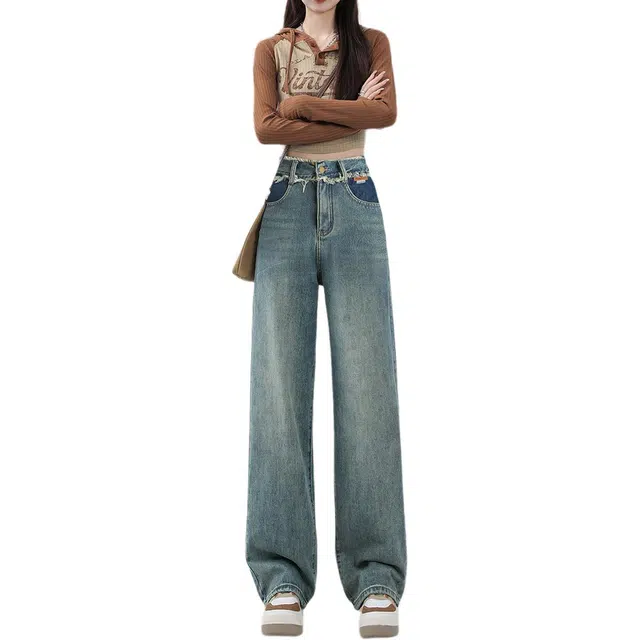 惟熙 高腰加绒加厚宽松垂感阔腿长裤牛仔裤 女款 蓝色