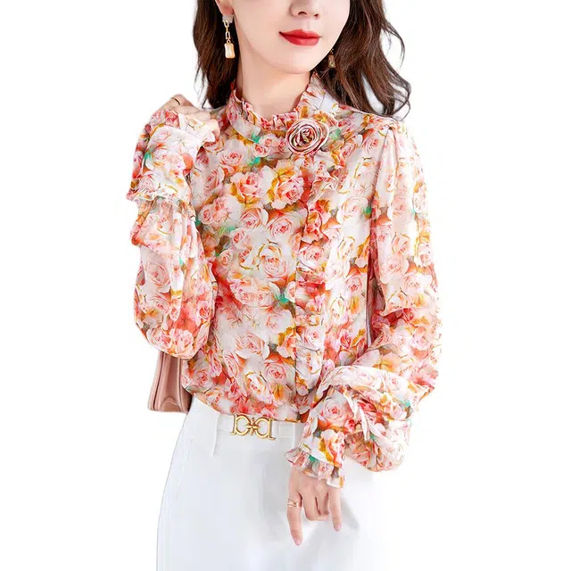 水墨佳人 复古通勤立领碎花长袖衬衫 女款 花色