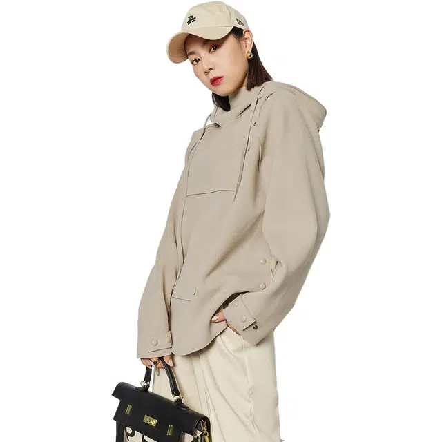 美洋 防风连帽大口袋纯色卫衣 女款