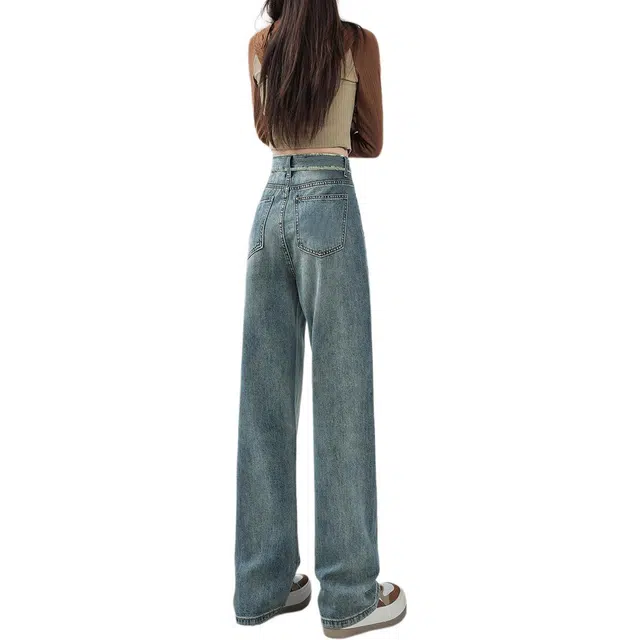 惟熙 高腰加绒加厚宽松垂感阔腿长裤牛仔裤 女款 蓝色