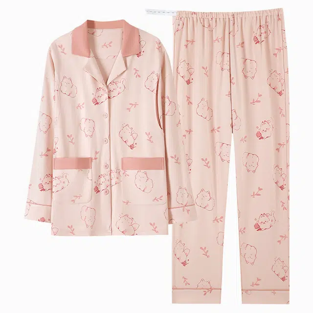 帕兰朵 舒适亲肤简约长袖长裤开衫睡衣套装 女款