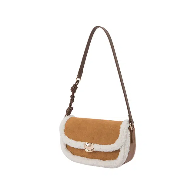森马 复古拼接时尚流行 织物拼合成革 单肩包 女款 焦糖棕