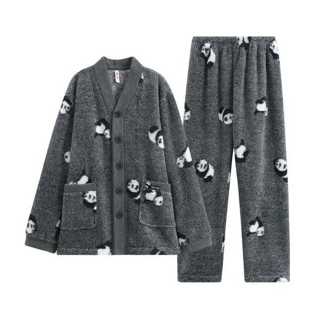 芬腾 加绒保暖简约休闲长袖舒适亲肤秋冬季睡衣套装 男款 花灰