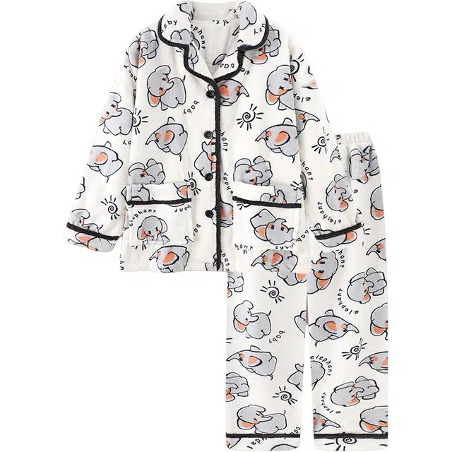 北极绒 简约亲肤舒适卡通翻领开衫长袖休闲可外穿长裤睡衣套装 女款 图片色