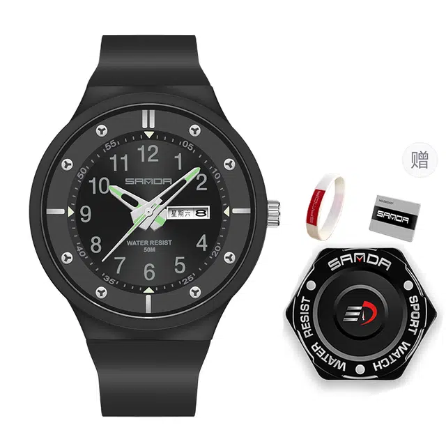 三达学生简约休闲潮流手表双历夜光防水石英机芯黑色表盘男表国表