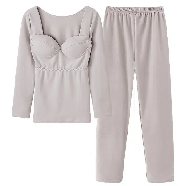 莫代尔 亲肤德绒长袖长裤带胸垫防凸点舒适蓄热保暖套装 女款 浅灰色