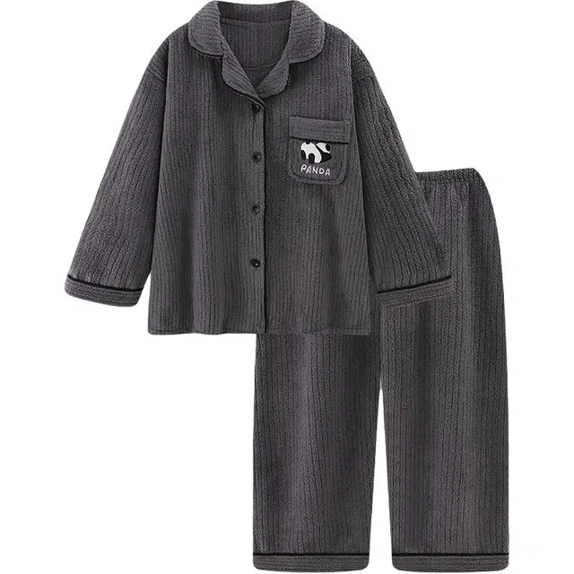 北极绒 纯色简约舒适翻领长袖中腰长裤睡衣套装 女款 焦糖潘达