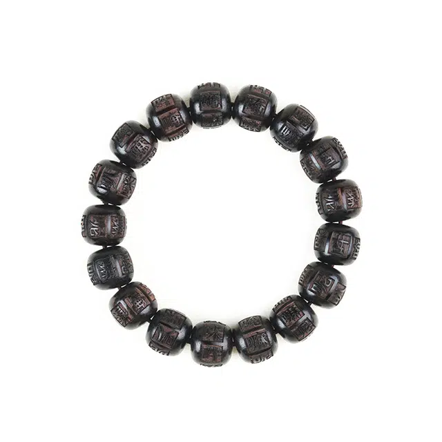 岁月静好 新中式国潮复古民族风精工雕刻六字真言本命年转运文玩佛珠老型桶珠招财纳福盘玩念珠 黑檀 手串 男女同款情侣款