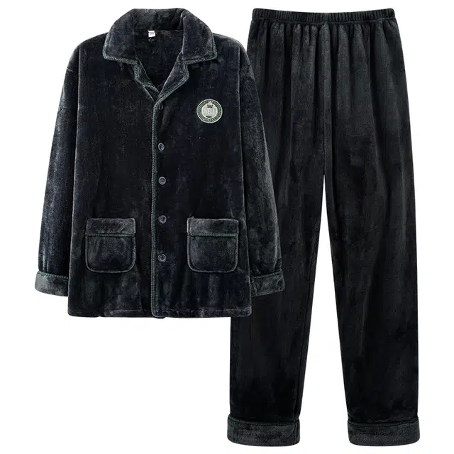 莫代尔 韩版时尚简约帅气亲肤细腻保暖柔软透气舒适休闲居家可外穿长袖长裤加厚保暖睡衣套装 男款 黑色