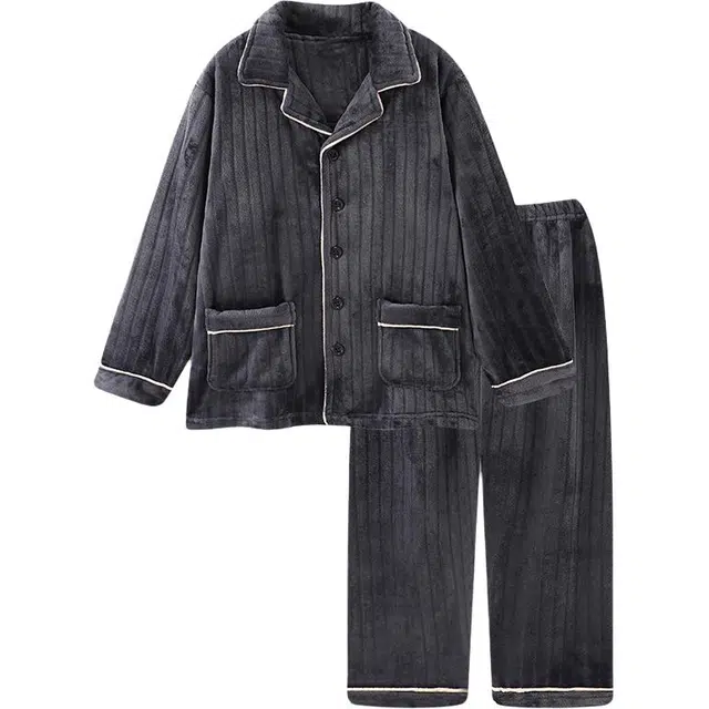 北极绒 简约日系亲肤舒适翻领开衫长袖休闲可外穿长裤睡衣套装 男款 铁灰色