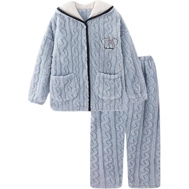 北极绒 新款加厚连帽家居服长袖长裤睡衣套装 女款 蓝莓慕斯