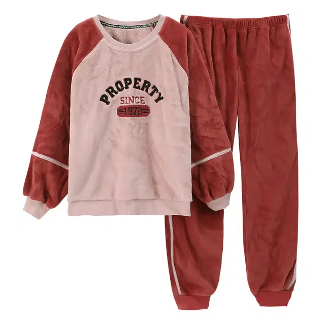 歌倩雅 珊瑚绒加绒加厚保暖法兰绒长袖长裤睡衣套装 女款 红色