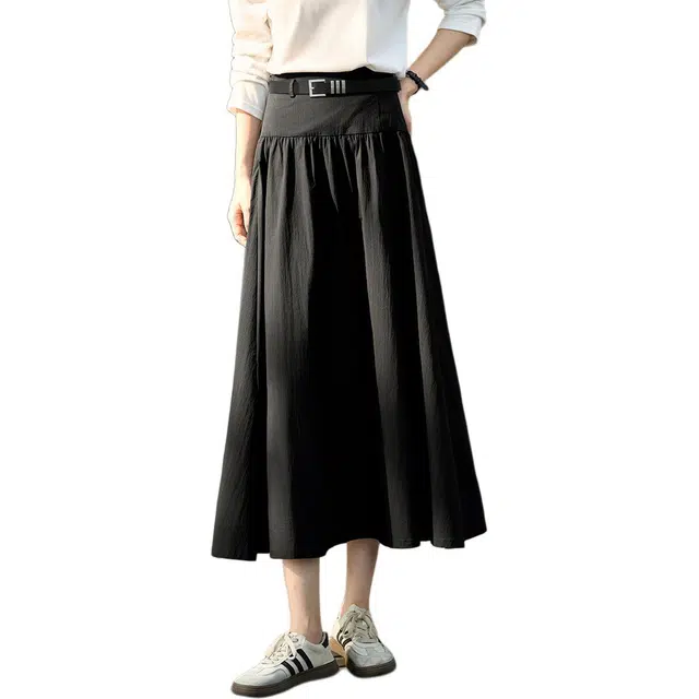 沫晗依美 复古高腰纯色中长款休闲长裙 女款 黑色