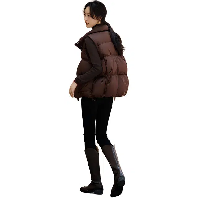 沫晗依美 舒适蓬松布包扣设计立领羽绒服 女款 咖啡色