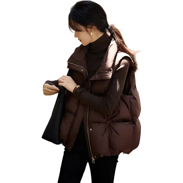 沫晗依美 舒适蓬松布包扣设计立领羽绒服 女款 咖啡色