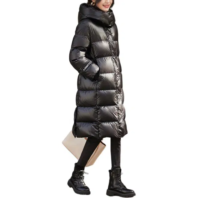 沫晗依美 连帽休闲纯色长款羽绒服 女款 黑色