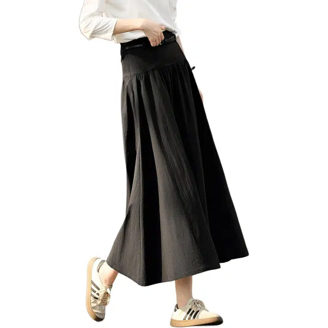 沫晗依美 复古高腰纯色中长款休闲长裙 女款 黑色