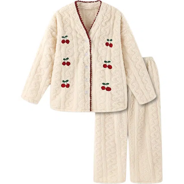 北极绒 超级柔软舒适长袖长裤睡衣套装 女款 杏色