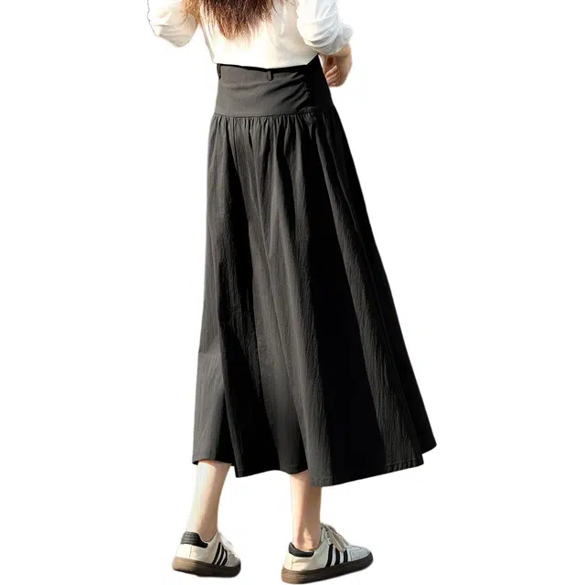 沫晗依美 复古高腰纯色中长款休闲长裙 女款 黑色