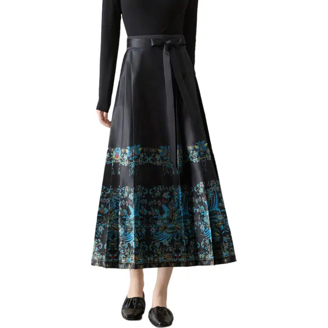 沫晗依美 复古国风印花一片式休闲长裙 女款 藏青色