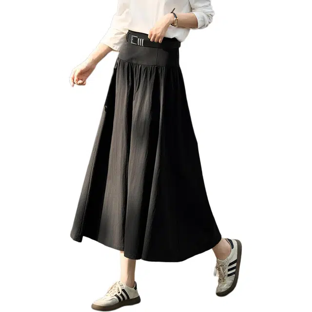 沫晗依美 复古高腰纯色中长款休闲长裙 女款 黑色