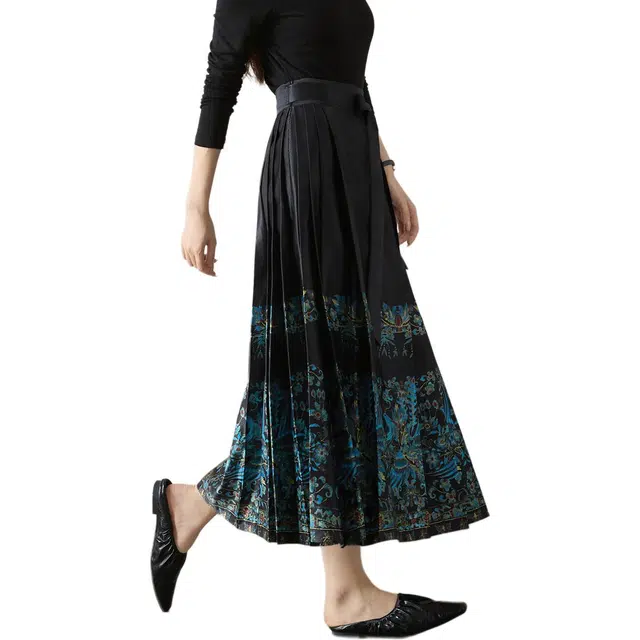 沫晗依美 复古国风印花一片式休闲长裙 女款 藏青色