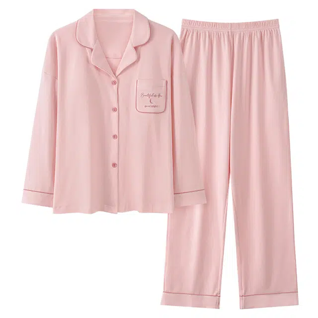 帕兰朵 带胸垫甜美简约小翻领长袖长裤家居服睡衣套装 女款