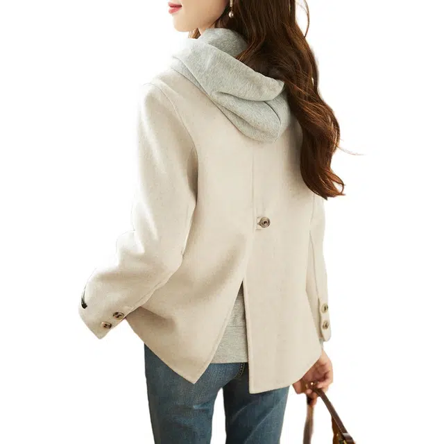 沫晗依美 纯色直筒短款舒适休闲长袖大衣 女款 米色