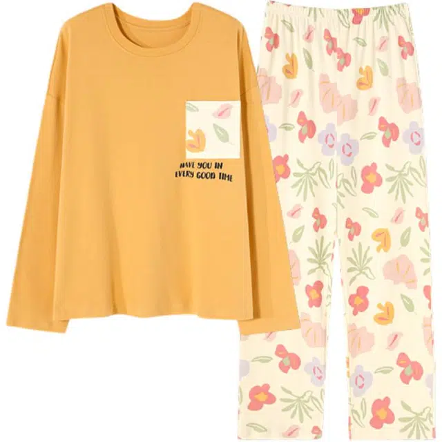 北极绒 柔软圆领长袖上衣透气舒适长裤睡衣套装 女款