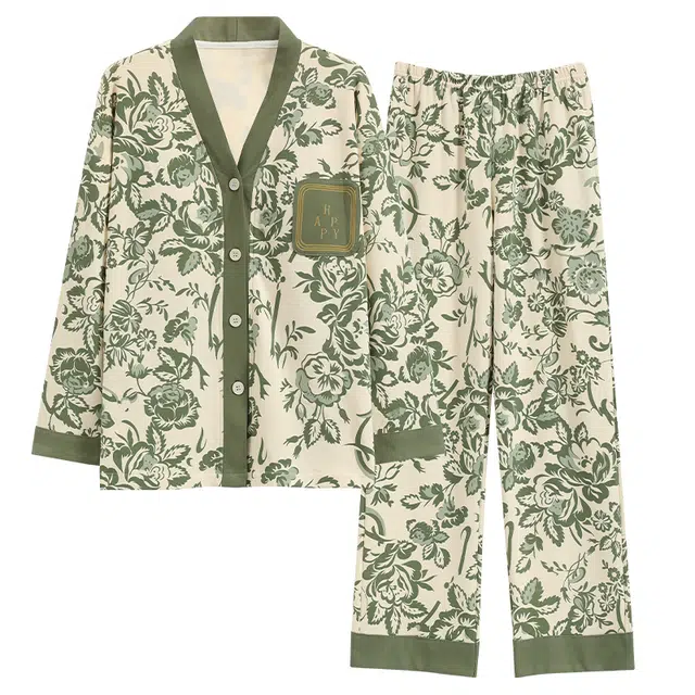 帕兰朵 带胸垫甜美时尚长袖长裤家居服睡衣套装 女款