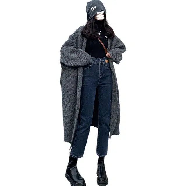 惟熙 加厚保暖窄版加绒双扣牛仔裤 女款 蓝灰色