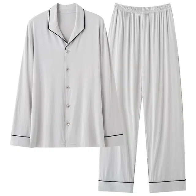 莫代尔 时尚柔软长袖长裤细腻简约舒适亲肤时尚开衫长袖长裤可外穿睡衣套装 男款 银色