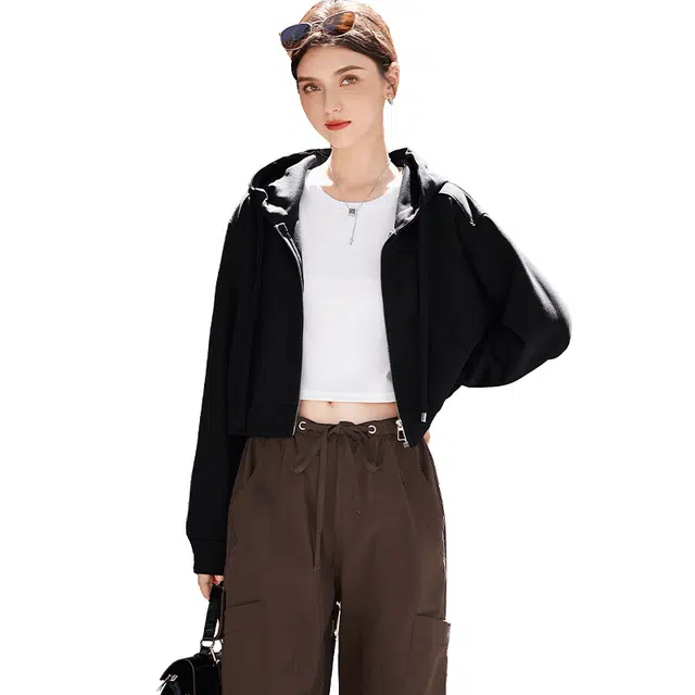 她池 连帽休闲风宽松长袖截短外套 女款 黑色