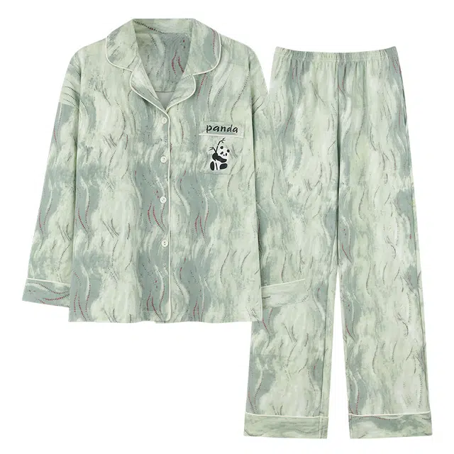 帕兰朵 翻领开衫长袖甜美大码长裤睡衣套装 女款