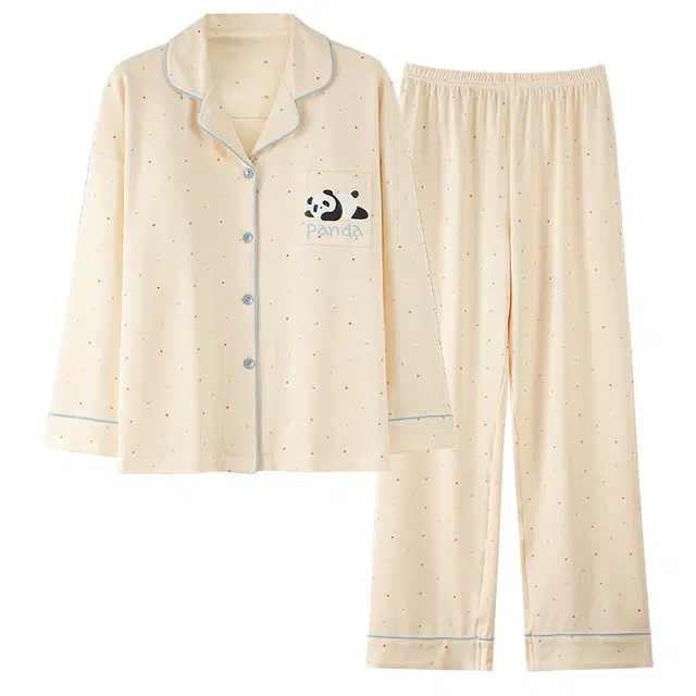 帕兰朵 翻领开衫长袖甜美大码长裤睡衣套装 女款