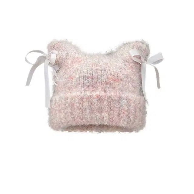 浪莎 韩版甜美手工蝴蝶结丝带毛绒猫耳学生秋冬保暖百搭针织 涤纶 绒线帽 女款