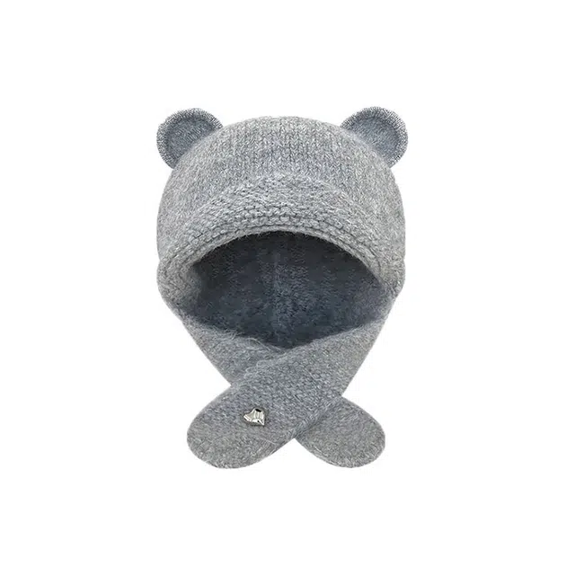 浪莎 秋冬保暖针织帽可爱小熊耳朵百搭爱心套头护耳显脸小 涤纶 绒线帽 女款