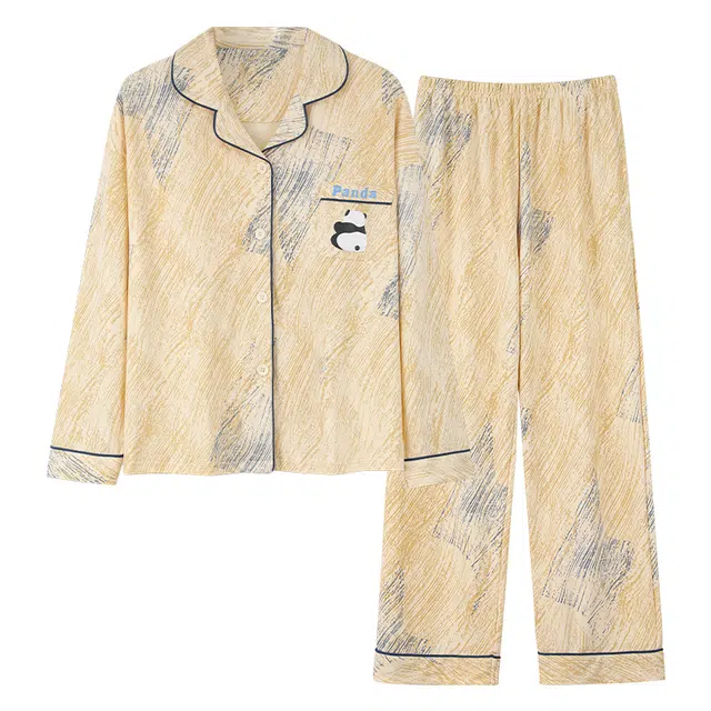 帕兰朵 翻领开衫长袖甜美大码长裤睡衣套装 女款