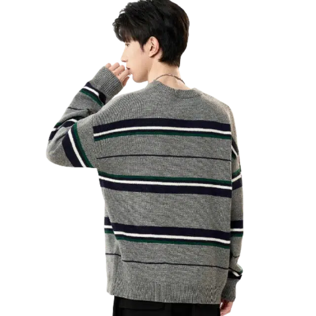 快鱼 日系休闲条纹圆领横条少年感长袖毛衣 男款