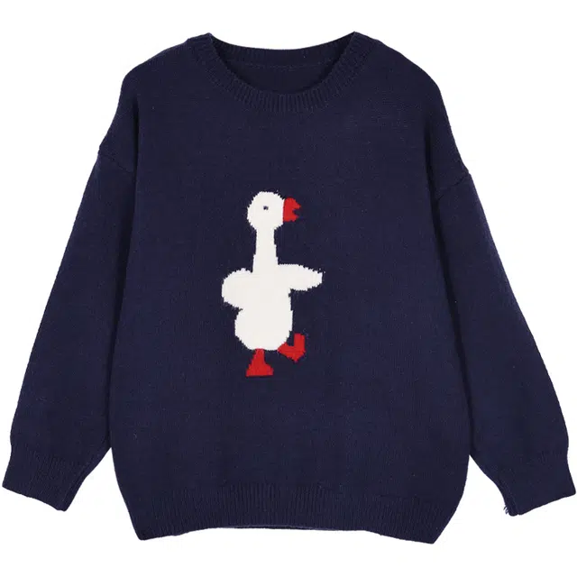 她池 撞色卡通图案落肩袖宽松圆领针织衫 女款 藏青色