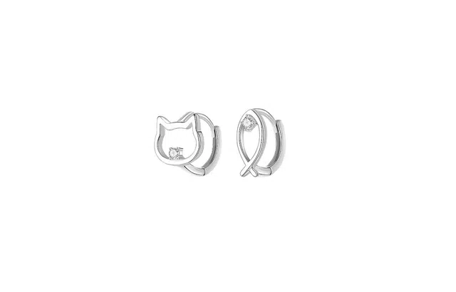 牧言 森系可爱简约小众设计高级感 光面立体镂空小猫鱼仔不对称耳饰套装猫咪小鱼 合金 耳环 女款