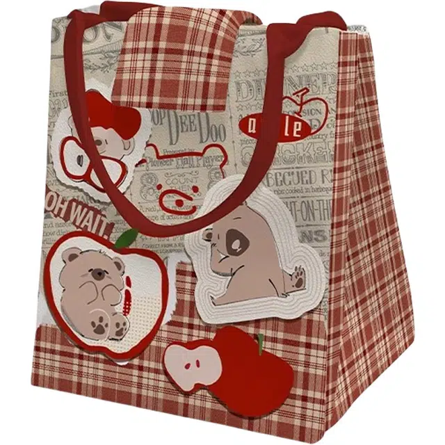 奥松 家用格格苹果熊可爱通勤保温布袋铝箔双层便当袋通勤包 绒面科技布 手提包 男女同款情侣款 红色